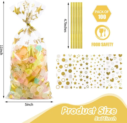 Miniatura 2 de COQOFA 100 bolsas de regalo de celofán de 5 x 11 pulgadas, color dorado, bolsas transparentes para recuerdos de fiesta, bolsas de plástico
