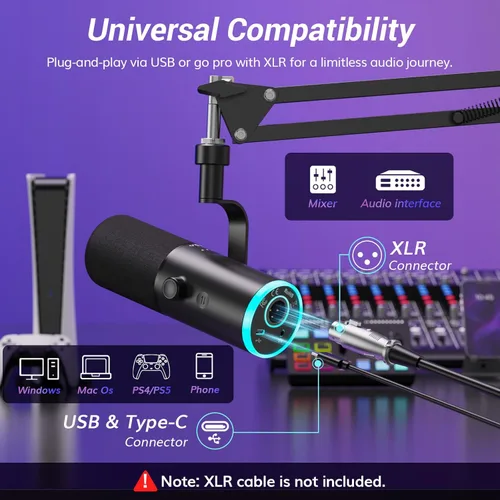 Miniatura 7 de TONOR Micrófono dinámico para juegos, transmisión de micrófono XLR/USB, cancelación de ruido AI, RGB controlable, Tap Mute, conector
