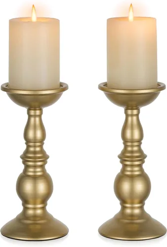 Miniatura 18 de Nuptio Portavelas negro para velas de pilar - Juego de 2 portavelas rústicos Soporte de velas de metal alto Portavelas de pilar retro de otoño