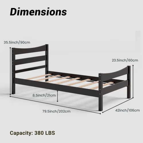 Miniatura 2 de NAFORT Marco de cama de madera de tamaño individual, base de cama con cabecera y estribo, marcos de cama para niños y niñas, base de colchón
