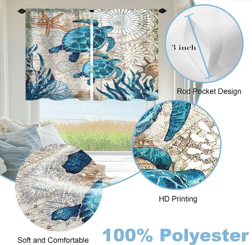 Miniatura 5 de Cortinas cortas de cocina con diseño náutico de tortugas marinas azules y playas, media cortina de baño para dormitorio, juego de 2 paneles de 27.5