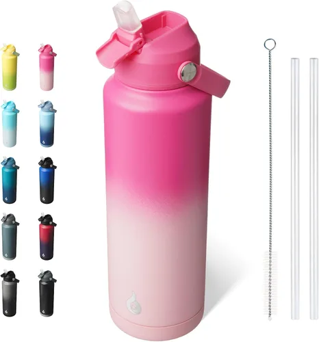 Miniatura 13 de BJPKPK - Botella de agua aislada con tapa de popote, 532 ml Botellas termo con boquilla suave, asa flexible y base antideslizante, libre de BPA, a