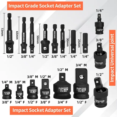 Miniatura 2 de DAKCOS Juego de adaptadores de enchufe de impacto de 17 piezas, incluye reductor, juego de enchufes de junta universal, juego de adaptadores