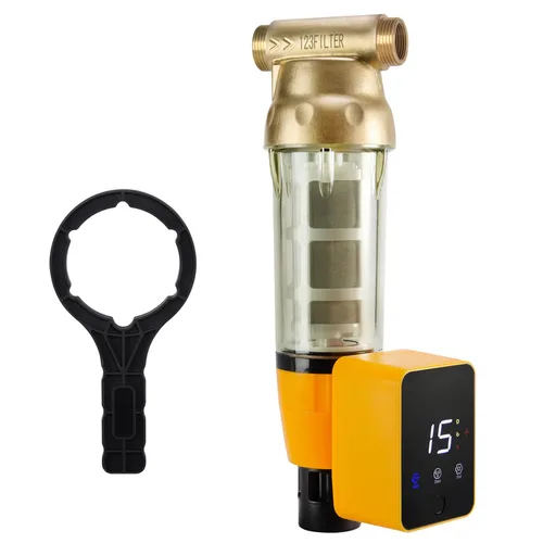 iSpring WSP100ARB - Filtro de agua de sedimentos giratorio, reutilizable con módulo de descarga automática de pantalla táctil y raspador de carcasa