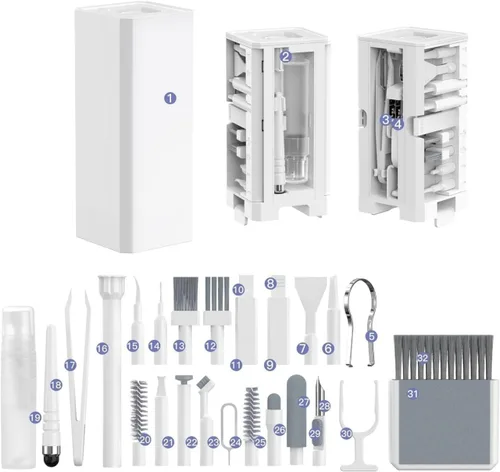 Kit de Limpieza de Electrónicos 32 en 1 - Kit Limpiador de Teclado, Teléfono, Computadora y Laptop - Compatible con MacBook, AirPods y Herramienta