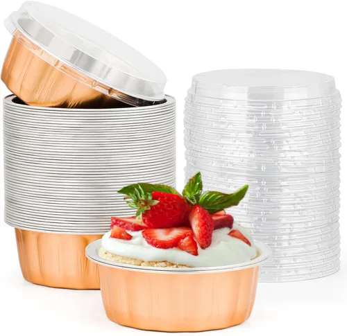 Miniatura 22 de Beasea Ramequines con tapas, 8oz 50 unidades de tazas de aluminio desechables para hornear, tazas de papel de aluminio plateado para creme brulee