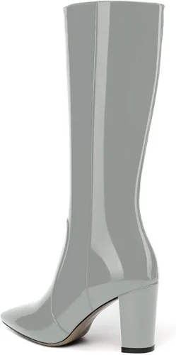 Miniatura 56 de AMBELIGHT Botas altas hasta la rodilla con cremallera y puntera puntiaguda para mujer, de patente sólida, tacón alto, 3.3 pulgadas