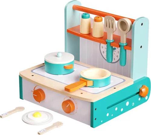 Miniatura 2 de Dailyfunn Estufa de Juguete de Madera Plegable y Portátil Juego de Cocina de Simulación con Accesorios de Cocina
