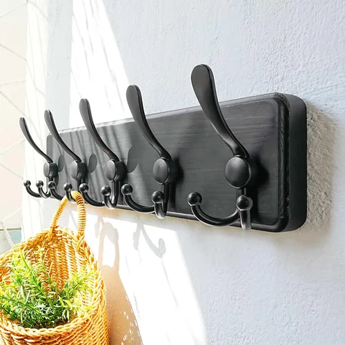Miniatura 5 de Dseap Perchero de Pared Montado - 5 Ganchos Triangulares, Resistente, Perchero de Pared de Madera para Abriggos, Sombreros, Chaquetas, Ropa, Negro
