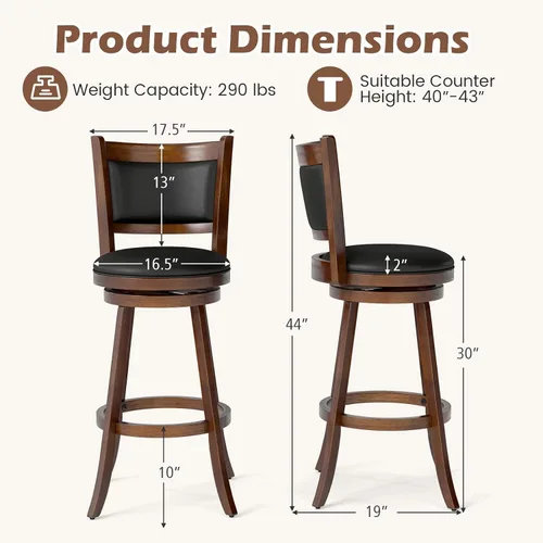 Miniatura 3 de COSTWAY Juego de 2 taburetes de bar, giratorios de 360 grados, taburete giratorio de madera con acento de altura, diseño tapizado de cuero, asiento