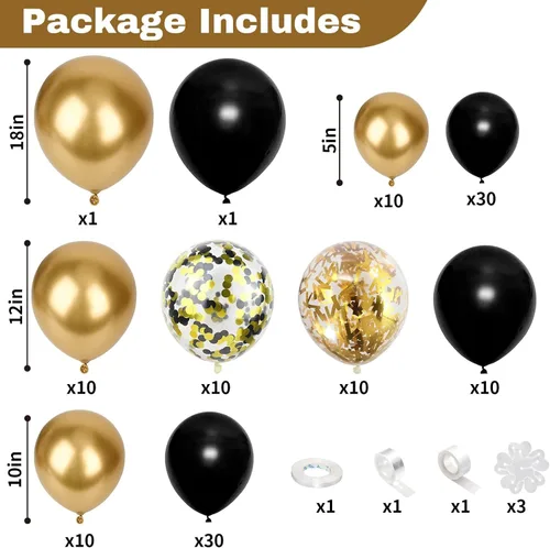 Miniatura 2 de Togvu - Kit de guirnalda de globos negros y dorados, 122 piezas de globos de látex con confeti negro metálico dorado de 18/12/10/5 pulgadas