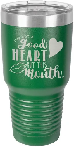 Miniatura 23 de Taza de viaje de acero con recubrimiento de polvo grabado por láser, con texto en inglés "IVE GOT A GOOD HEART BUT THIS MOUTH Engraved 30oz Taza