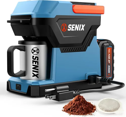 SENIX Cafetera portátil con batería de 5000 mAh, cafetera eléctrica de doble CA/CC para automóvil/RV/camping, cafetera de viaje inalámbrica al aire