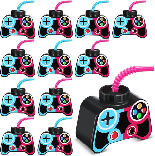Miniatura 10 de Mifoci 24 vasos de plástico para fiestas de videojuegos con pajita y tapa, tazas de 10 onzas con temática de cumpleaños para jugadores, 7º recuerdos