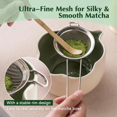 Miniatura 6 de Juego de Matcha, Juego de Matcha de Cerámica Floral de 8 Piezas con Batidor de Matcha, Soporte, Cuchara, Reposa-cuchara, Colador, Cuchara y Paño