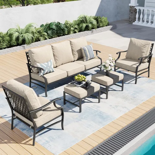 Miniatura 10 de SUNSHINE VALLEY Juego de muebles de patio, 4 piezas de muebles modernos de metal para exteriores, sofá de 3 plazas, 2 sillas mecedoras, mesa
