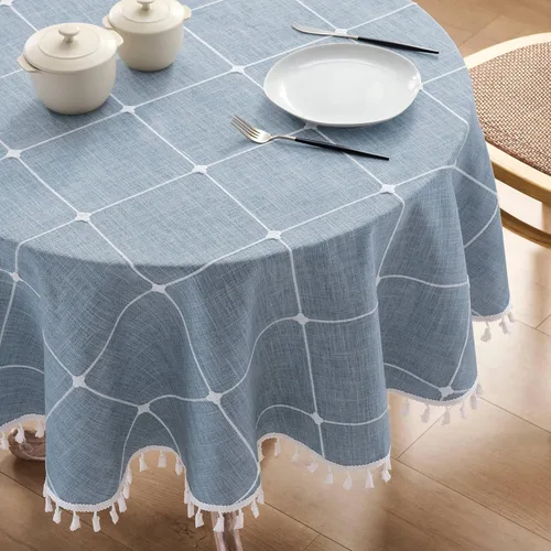 Miniatura 8 de ZeeMart - Mantel de mesa con diseño de cuadrícula boho y borlas (blanco roto, 132 cm x 132 cm), mantel de gran peso de lino a cuadros bordado