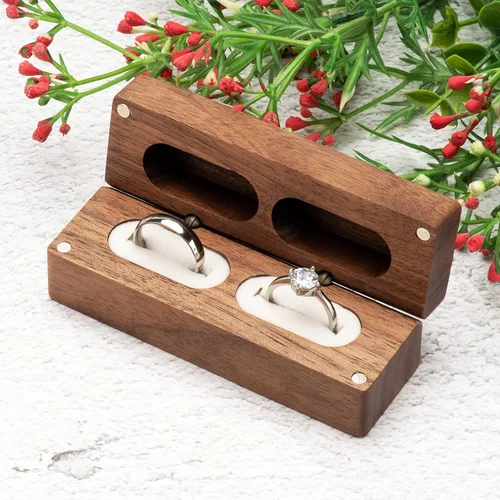 Miniatura 6 de Caja de doble anillo de madera para compromiso de ceremonia de boda, soporte de almacenamiento de anillos, caja decorativa para 2 anillos