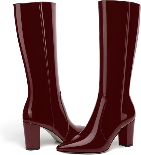 Miniatura 118 de AMBELIGHT Botas altas hasta la rodilla con cremallera y puntera puntiaguda para mujer, de patente sólida, tacón alto, 3.3 pulgadas