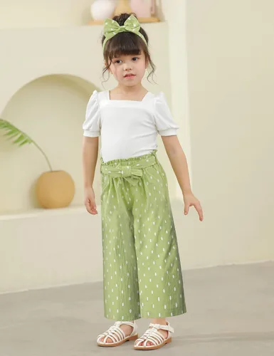 Miniatura 49 de DONWEN Conjunto de 3 piezas de ropa para niñas pequeñas y niñas con cuello cuadrado + pantalones elegantes + diadema para primavera y verano