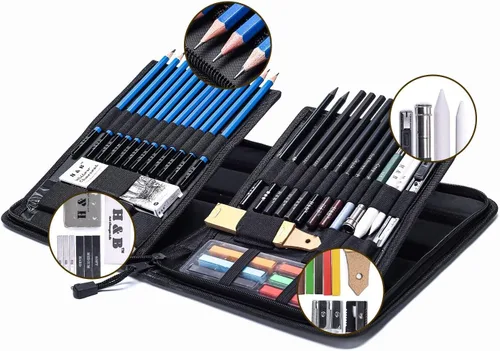 Miniatura 5 de H & B Kit de dibujo y dibujo de 48 piezas para adultos y artistas principiantes, incluye lápices de grafito y carbón, tocones de mezcla, bloc