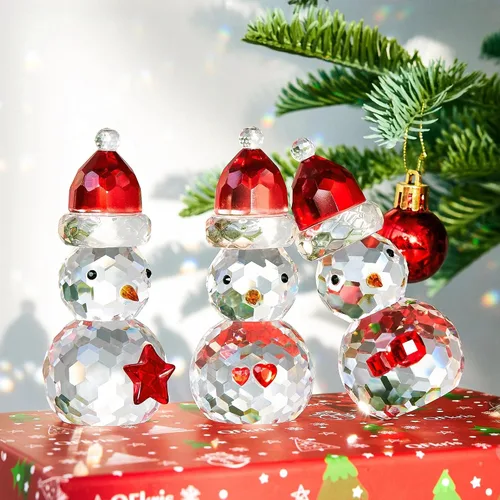 Miniatura 4 de QFkris Juego de 3 figuras de muñeco de nieve de cristal, figura de Navidad de cristal de 3.7 pulgadas, decoración de muñeco de nieve de cristal