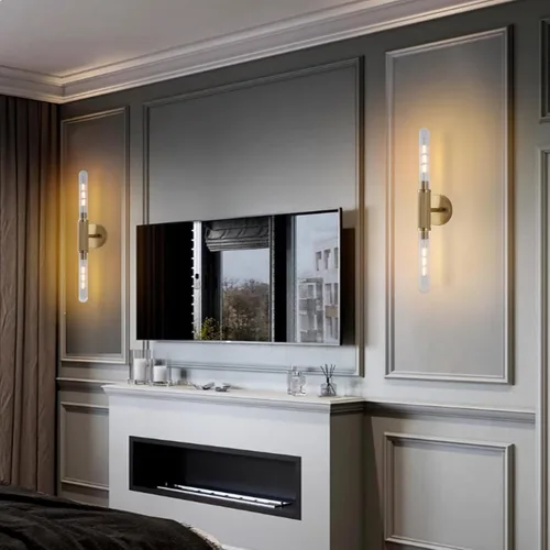 Miniatura 6 de Apliques de pared con textura moleteada dorada de 24" Lámparas modernas cilíndricas para tocador de baño con pantalla de vidrio transparente rayado