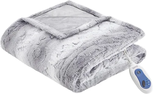 Miniatura 22 de Beautyrest Zuri - Poncho manta eléctrica reversible de piel sintética de leopardo de las nieves a visón, ponible, apagado automático, prácticamente