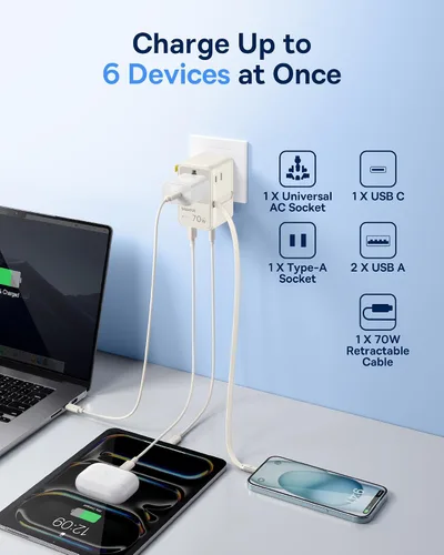 Miniatura 4 de Baseus Adaptador de viaje universal de 70 W con cable retráctil, adaptador de enchufe internacional 6 en 1, cargador de pared USB-C PD de carga