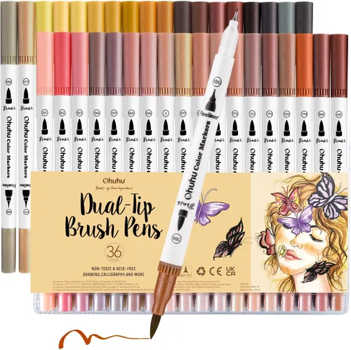 Ohuhu Marcadores de tono de piel de 36 colores: pincel de doble punta y marcadores de punta fina para colorear para adultos, juego de rotuladores de