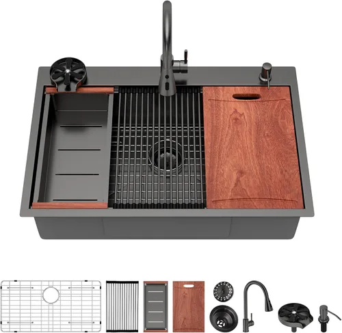 Miniatura 9 de Fregadero de cocina de 25 pulgadas, fregadero de un solo cuenco, color negro mate, calibre 18, 25 x 22 pulgadas, acero inoxidable, montaje superior