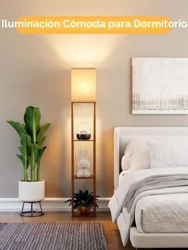 Miniatura 7 de Lámpara de pie con estantes para sala de estar color marrón nogal, lámpara de pie con estante con bombilla LED de 3 CCT, lámpara de columna de pie