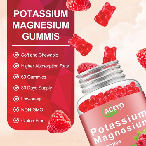 Miniatura 4 de Paquete de 2 gomitas de potasio y magnesio para adultos y niños, de alta absorción, calambres en las piernas, salud muscular y cardíaca, salud