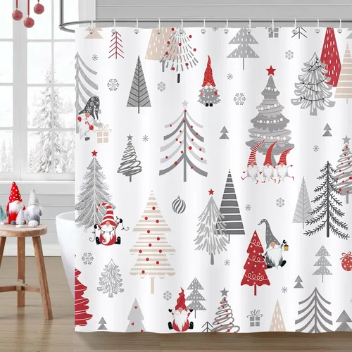Miniatura 8 de Bonhause Cortina de ducha de árbol de Navidad, árbol de Navidad verde y rojo con copos de nieve, decoración de baño de vacaciones de invierno, 72 x