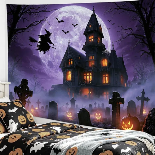 Miniatura 20 de EOBTAIN Scary Halloween Tapestry Gothic Black Crow Skull in Horror Graveyard Tapestry Wall Hanging Spooky Raven under Misty Full Moon Night Wall Art