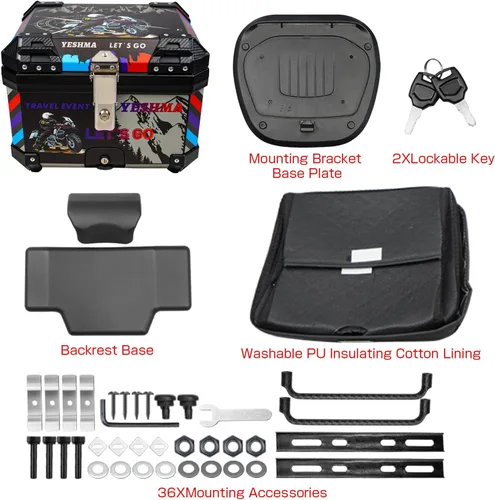 Miniatura 5 de Baúl Superior para Motocicleta, 45L Caja Trasera Universal para Motocicleta, Estilo Graffiti Deportivo Baúl Superior para Motocicleta con Respaldo