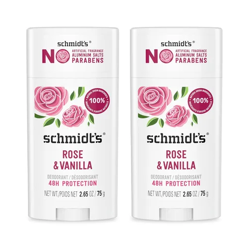 Schmidt's Desodorante vegano sin aluminio, rosa y vainilla con protección contra olores las 24 horas, 2 unidades para mujeres y hombres,