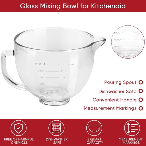 Miniatura 3 de Tazón de Vidrio para Mezclador de Pie con Cabeza Inclinable, 5 QT, Compatible con Kitchenaid Artisan 5KSM125, 5KSM150, 5KSM175, 5KSM7580, KSM150