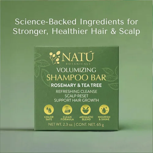 Miniatura 2 de NATÚ BOTANICALS Barra de champú voluminizadora – Restablecimiento del cuero cabelludo de romero y árbol de té, champú sólido ligero