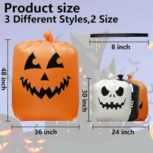 Miniatura 3 de 6 bolsas de calabaza de Halloween para césped, incluye 2 bolsas de 48 x 36 pulgadas de calabaza sonriente y 4 bolsas de basura de Halloween de 30 x
