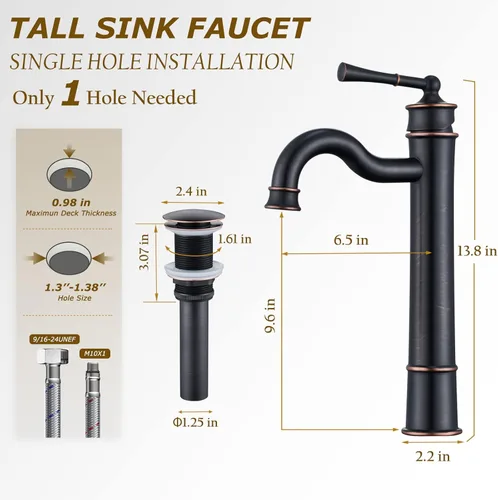Miniatura 5 de Grifo de fregadero ORB para baño, grifo alto de un solo agujero, montaje sobre lavabo, desagüe desplegable sin desbordamiento, líneas de suministro