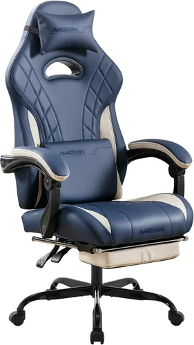 Miniatura 12 de Silla de juegos con reposapiés y soporte lumbar de masaje, silla ergonómica para videojuegos, sillas de videojuegos de oficina con altura y respaldo