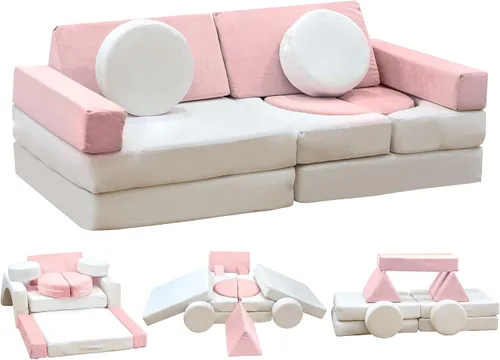 Miniatura 9 de Sofá modular de juego para niños de 13 piezas con funda de terciopelo lavable, sofá modular para niños y niñas, espuma convertible y cojín de suelo