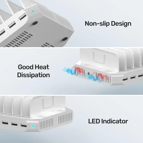 Miniatura 7 de Unitek Estación de carga múltiple, cargador USB de 10 puertos para múltiples dispositivos con tecnología SmartIC y divisores ajustables, soporte
