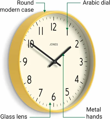 Miniatura 5 de JONES CLOCKS® Reloj de pared de estudio Estilo redondo moderno 12 pulgadas Amarillo Números fáciles de leer Diseño versátil para cocina