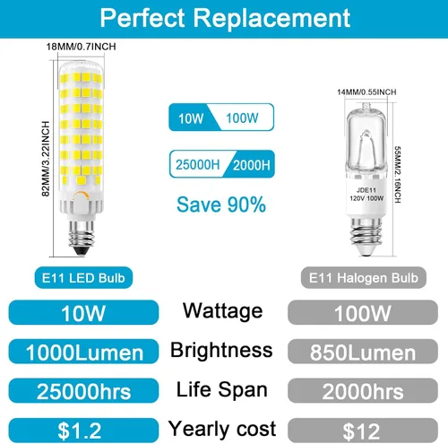 Miniatura 2 de Bombilla LED E11 regulable, JDE11 120 V 100 W equivalente a halógeno, base de mini candelabro T3/T4, 6000 K luz blanca diurna, 10 W, 1000 lúmenes