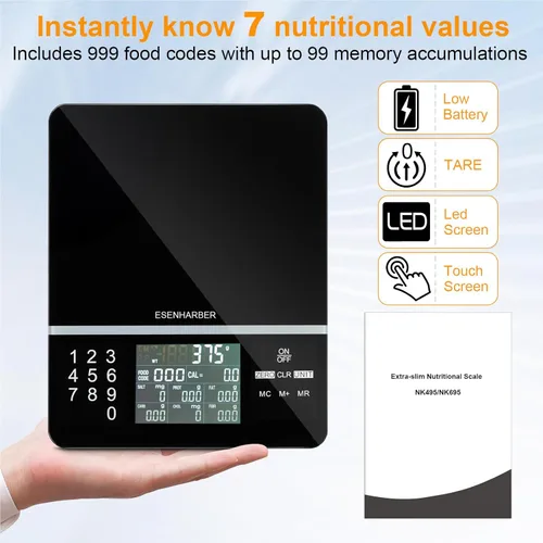 Miniatura 3 de Báscula de alimentos con calculadora nutricional, cálculo de calorías nutricionales de pantalla digital para preparación de comidas, cocina, Negro