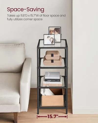 Miniatura 5 de VASAGLE - Librero, estantería de 4 niveles, estantería delgada para dormitorio, baño, oficina en casa, vidrio templado, marco de acero, negro mate