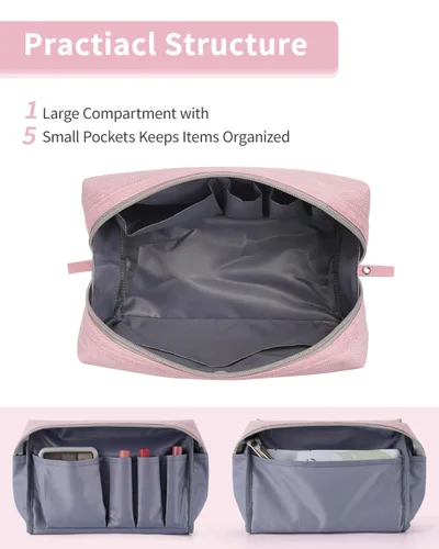 Miniatura 4 de Bolsa de maquillaje Narwey para viaje, bolsa de cosméticos organizadora, bolsa de aseo con compartimentos para mujeres y niñas (grande, rosa)