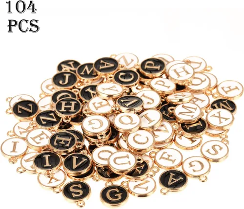 Miniatura 6 de Hicarer 104 cuentas de letras mixtas de metal esmaltado, dije inicial de doble cara, dije con inicial de la A a la Z, dije del alfabeto para hacer